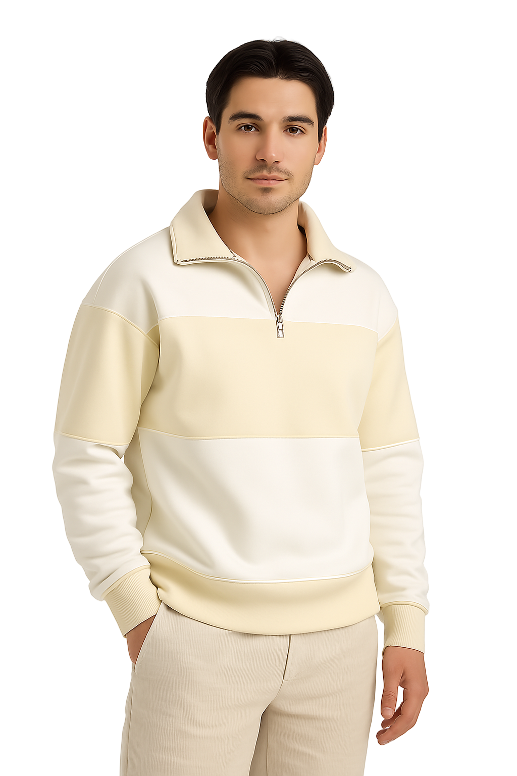 Man wearing a light-colored, striped sweater against a white background