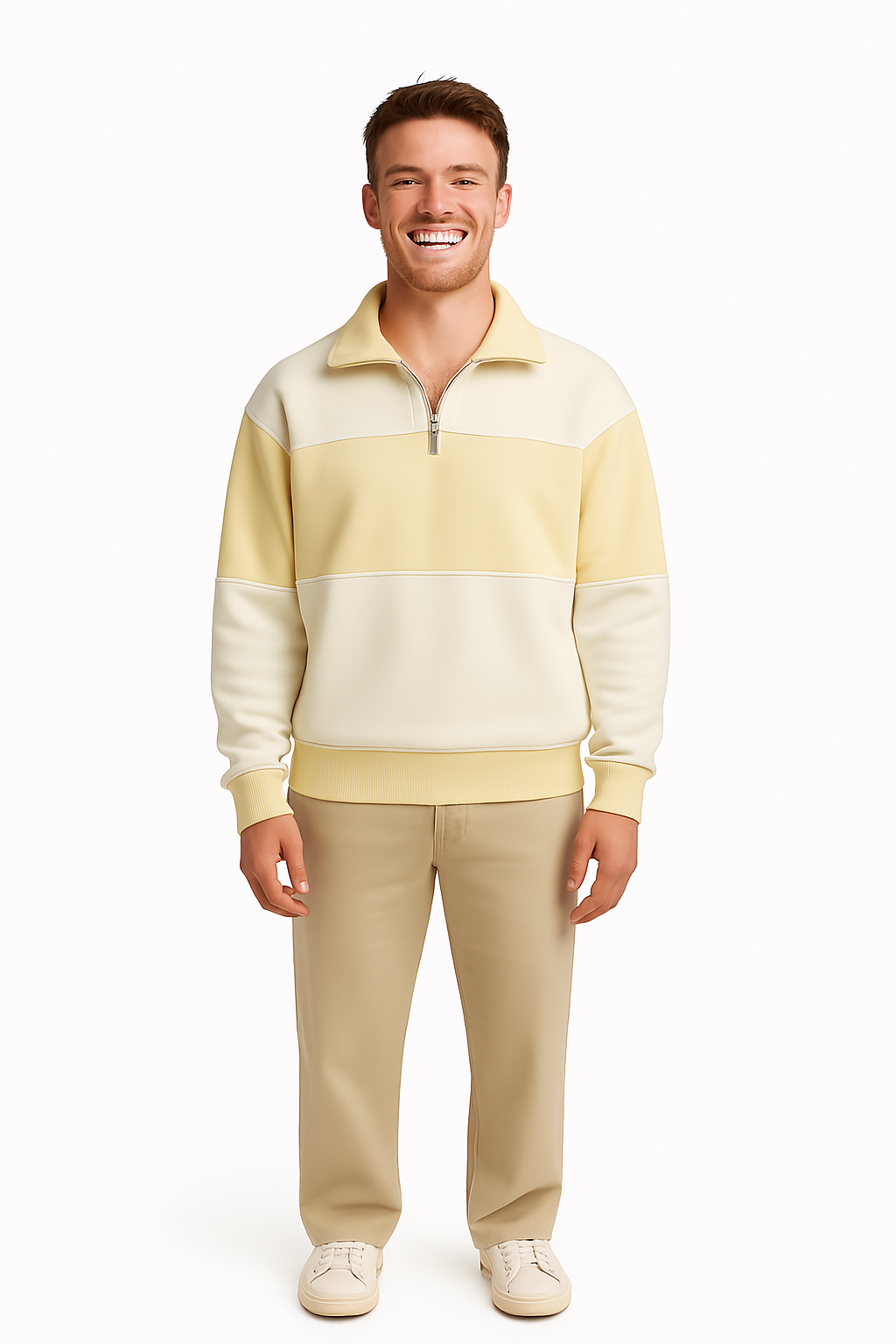 Man wearing a yellow striped sweater and beige pants on a white background