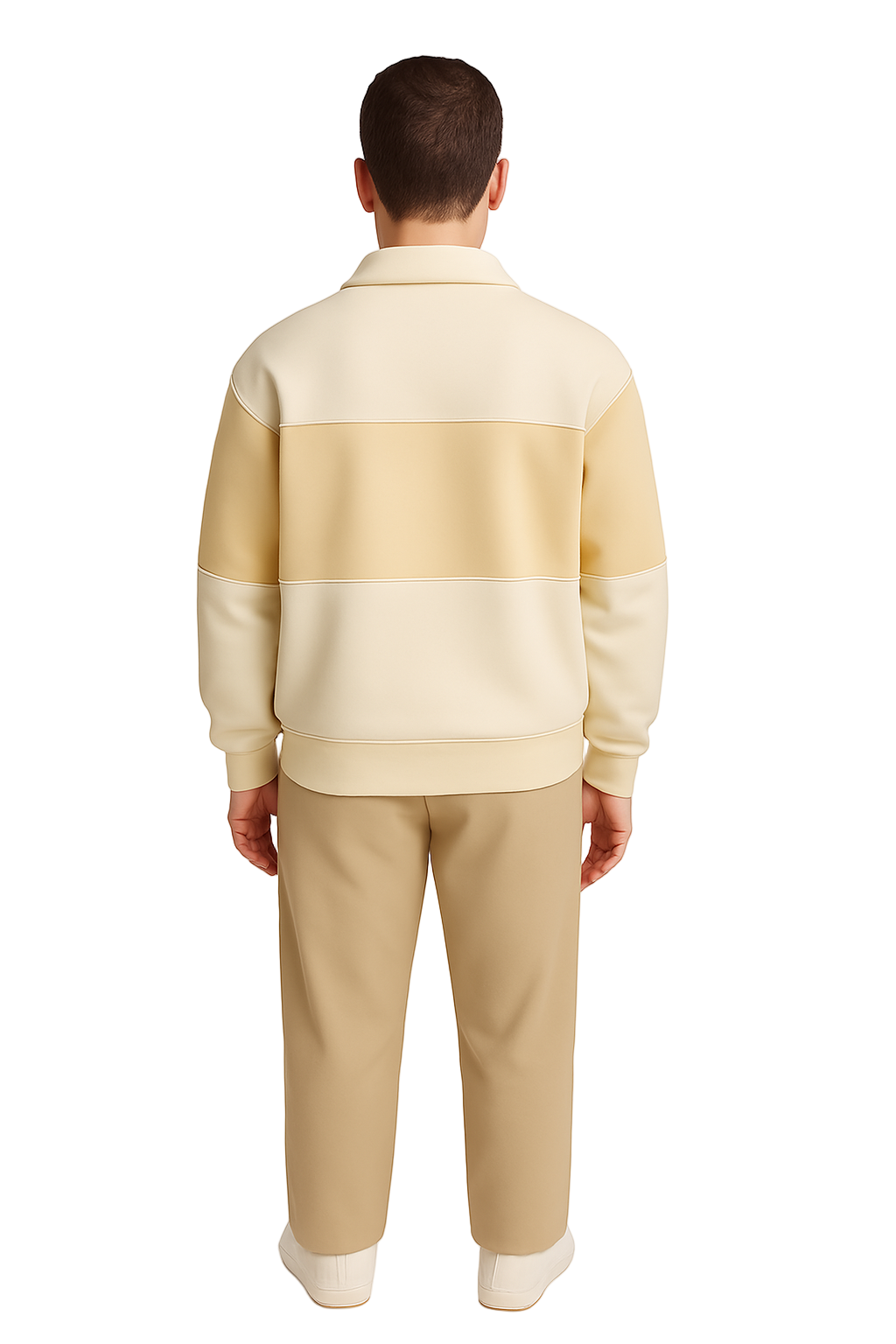 Person wearing a beige and white striped sweater with matching pants on a white background