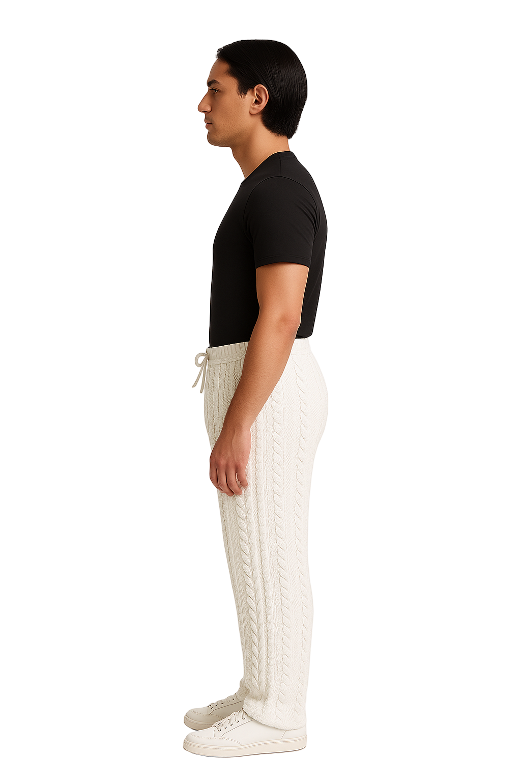 Person wearing a black t-shirt and white pants on a white background