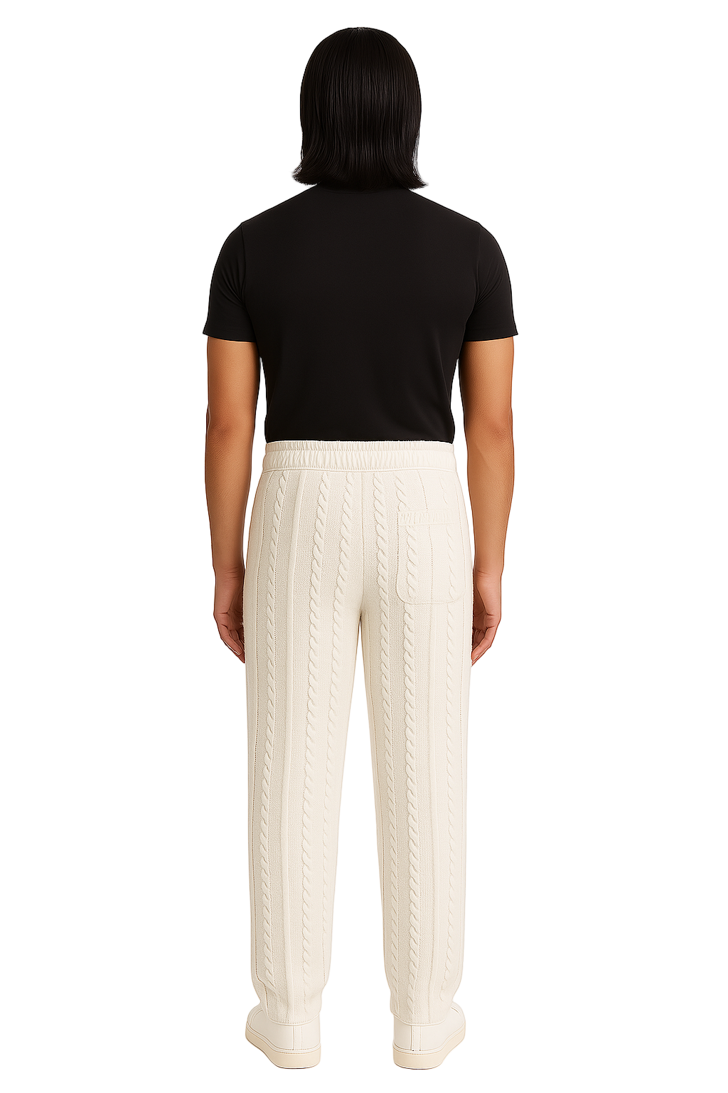 Person wearing a black t-shirt and white pants on a white background