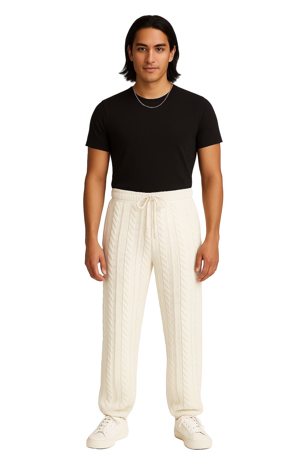 Person wearing a black t-shirt and white pants on a white background