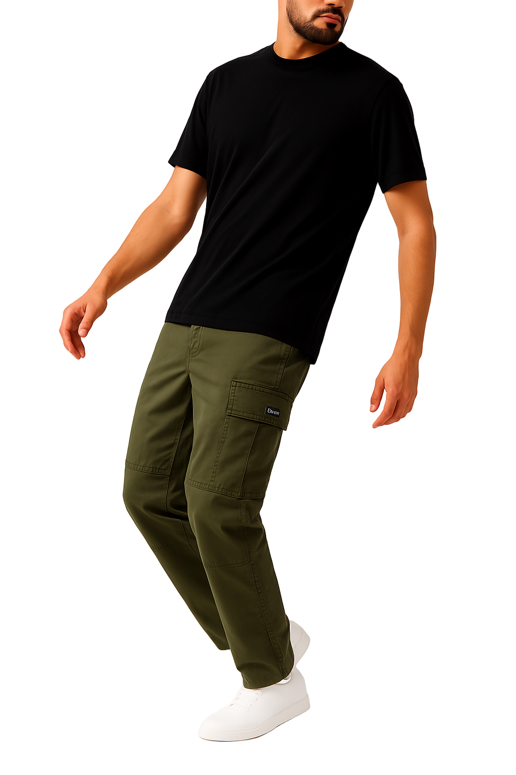 Person wearing a black t-shirt and green cargo pants on a white background
