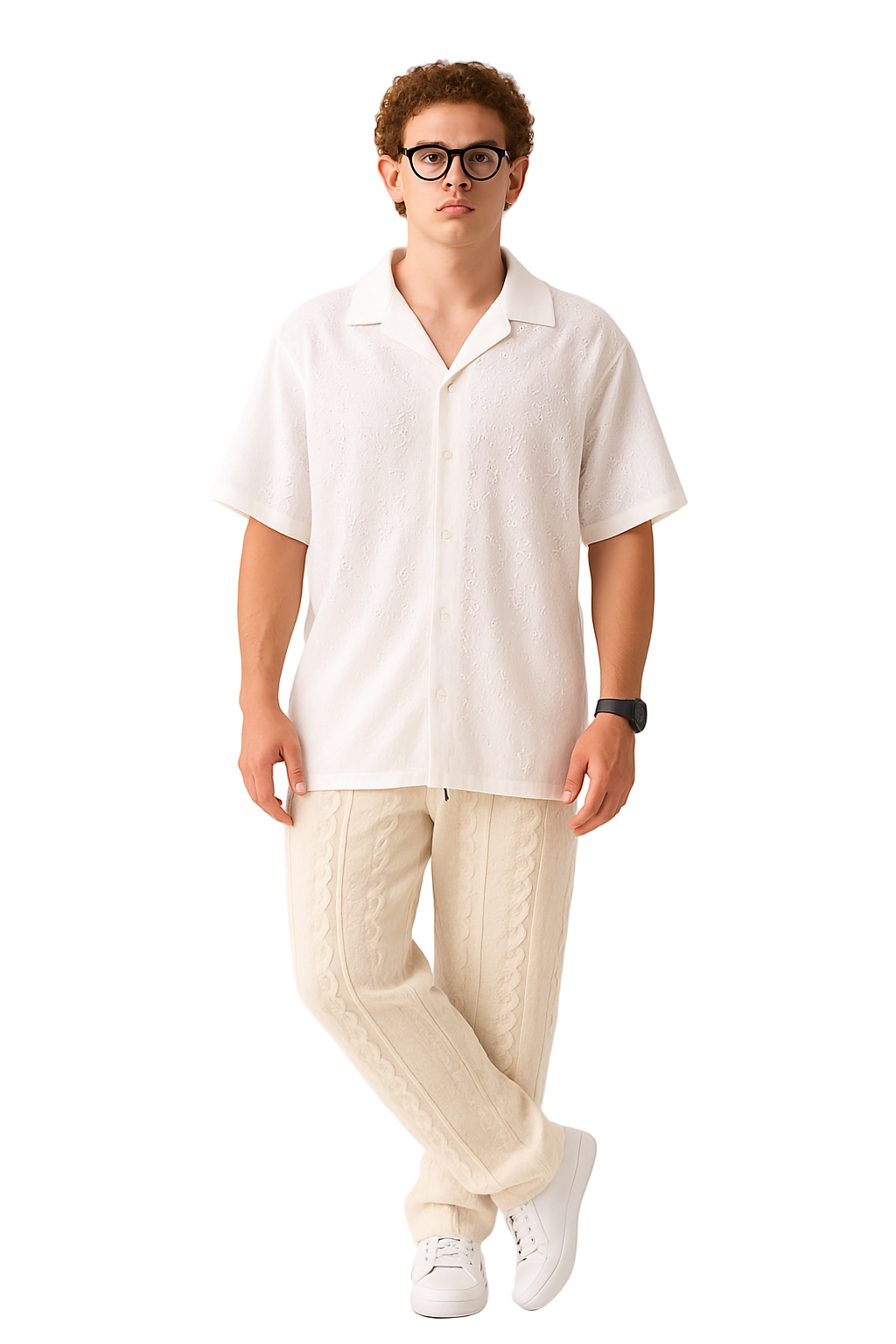 Person wearing a white shirt and pants on a white background