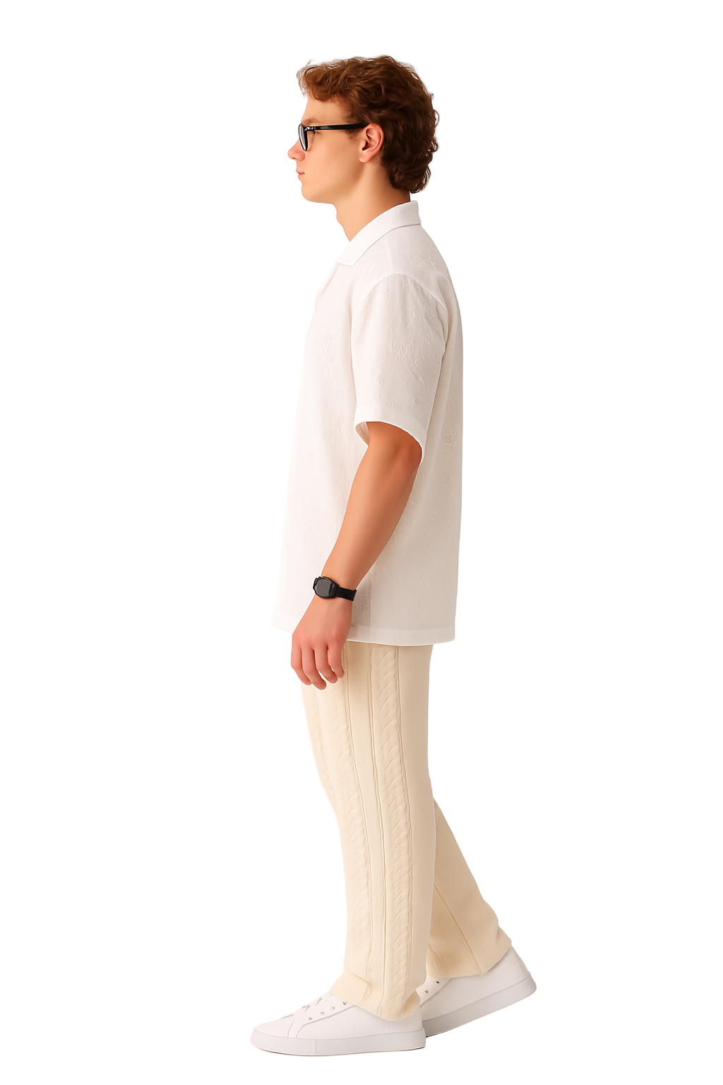 Person wearing a white polo shirt and beige pants on a white background