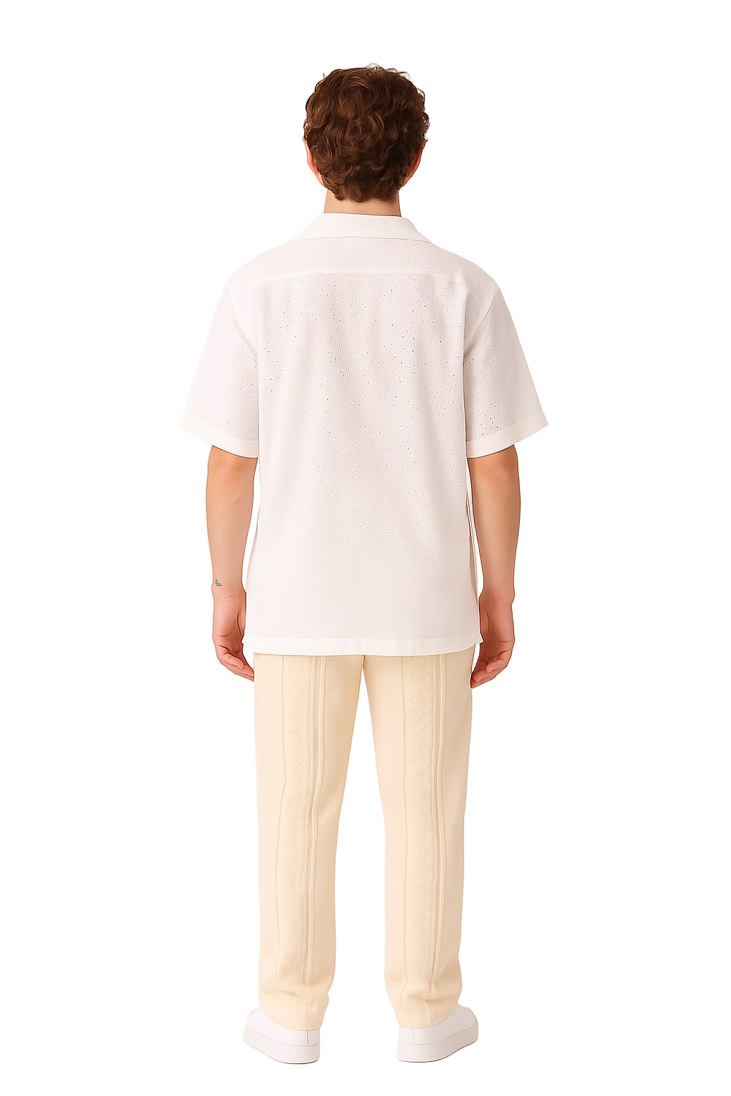 Person wearing a white t-shirt and beige pants on a white background