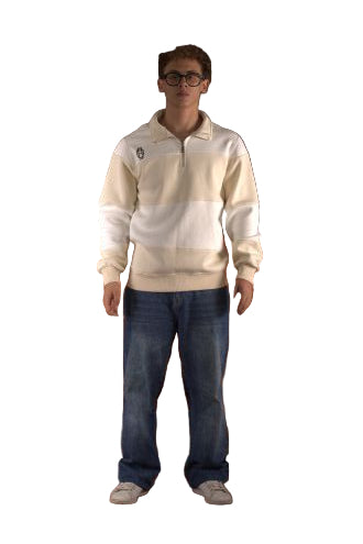 Person wearing a white sweatshirt and blue jeans standing in front of a brown leather couch.
