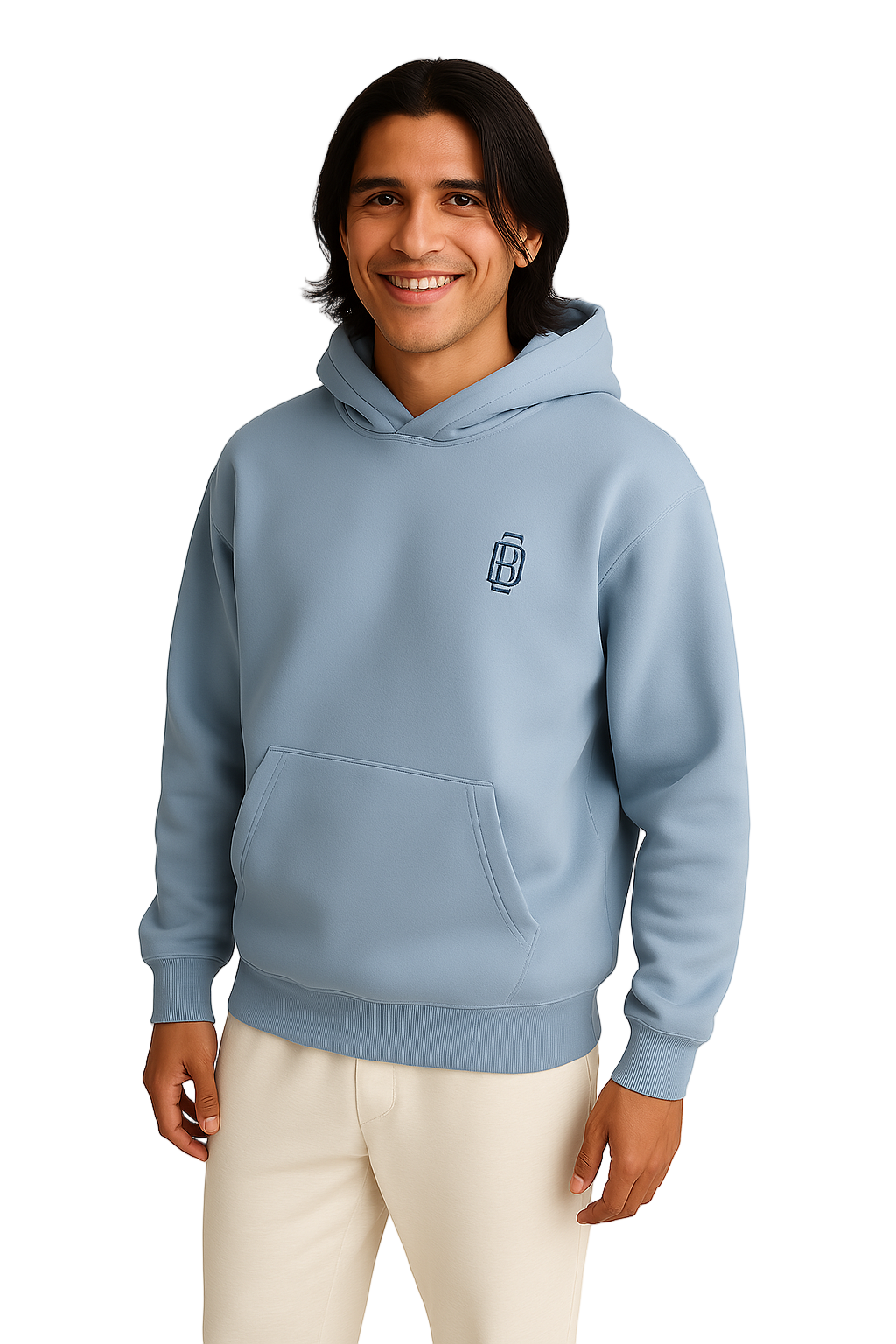 Man wearing a light blue hoodie with a logo on a white background