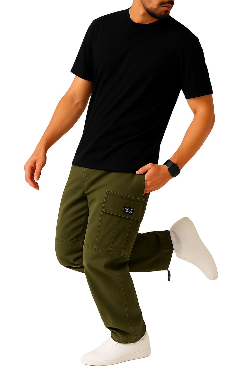 Person wearing a black t-shirt and green cargo pants on a white background