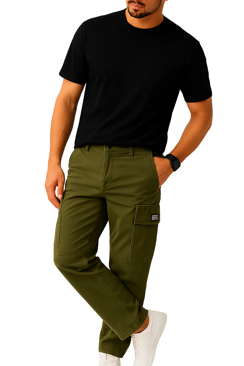 Person wearing a black t-shirt and green cargo pants on a white background