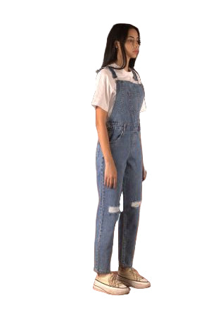 Person wearing a denim overalls on a white background