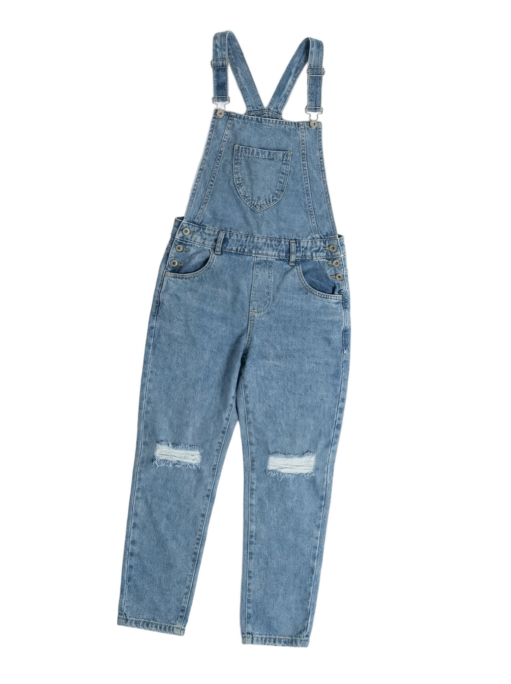 Blue denim overalls with distressed detail