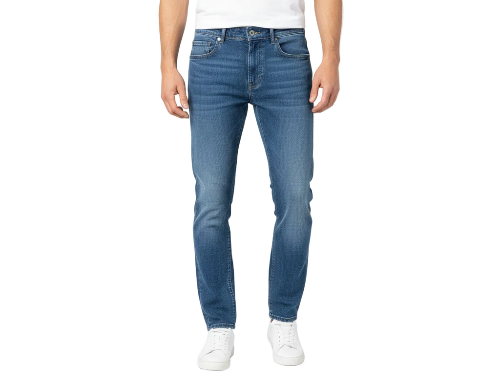 Person wearing blue jeans on a white background