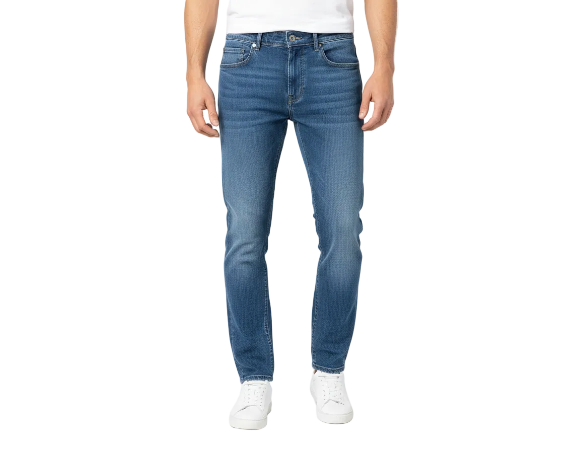 Person wearing blue jeans on a white background